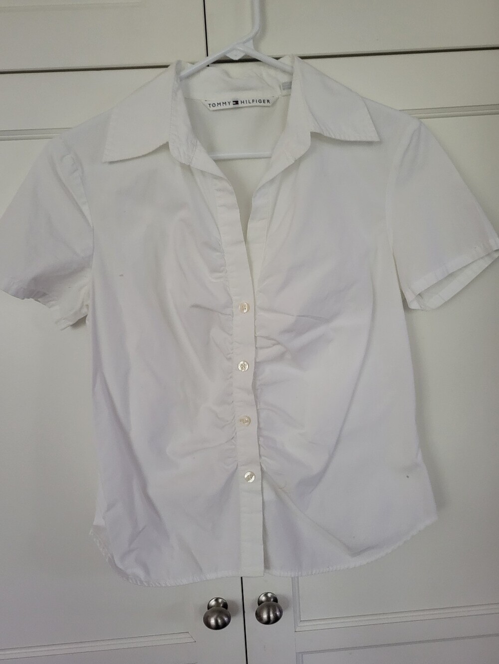 Tommy Hilfiger White Short-Sleeve Ruching Button-Down Shirt, 6
